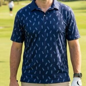 Ben Hogan Performance Navy Blue Pineapple Print Golf Polo Shirt XL BBQ Tropical